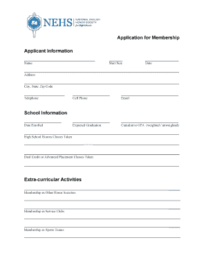 NEHS Application for Membership Wchs Pasco K12 Fl Us Wchs Pasco K12 Fl  Form