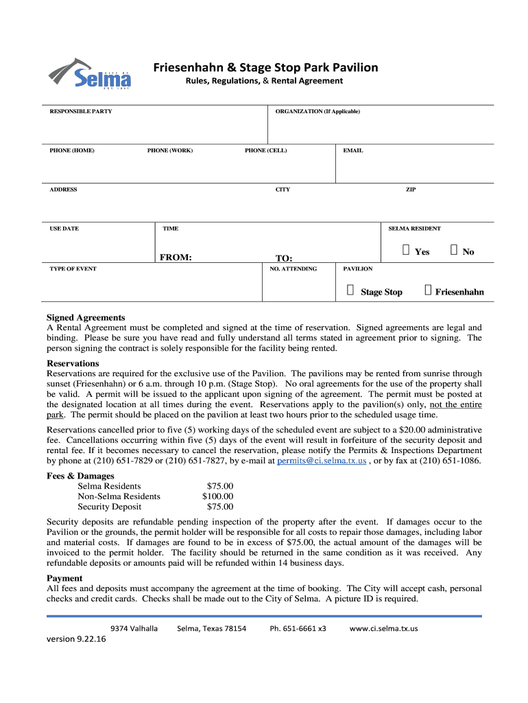 Pavilion Rental Agreement NEW Ci Selma Tx  Form