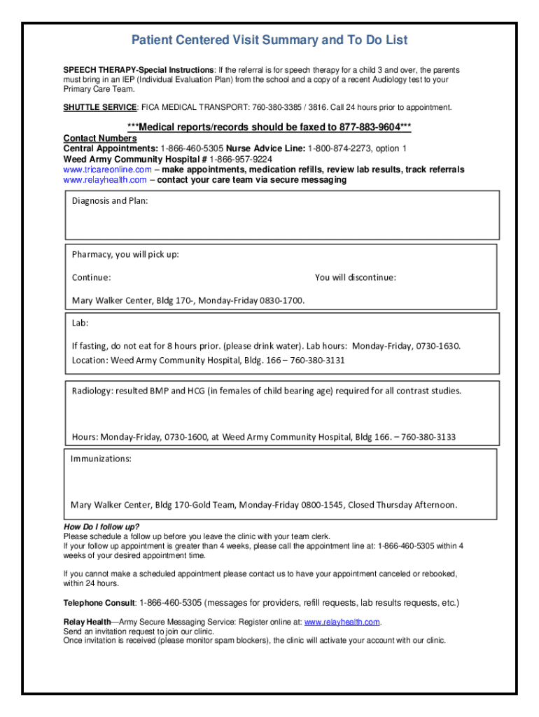 Patient Centered Visit Summary and to Do List  Form