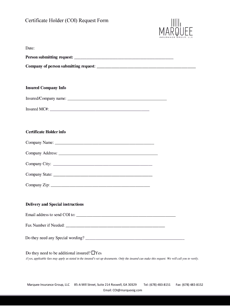 Certificate Holder COI Request Form