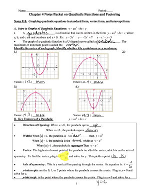 Chapter 4 Notes Packet on Quadratic Functions and Factoring Answer Key  Form