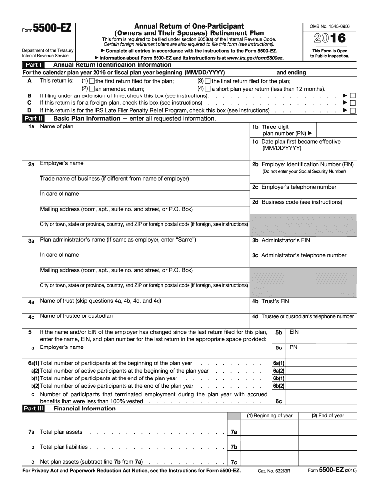  Irs Form 5500 Ez 2016