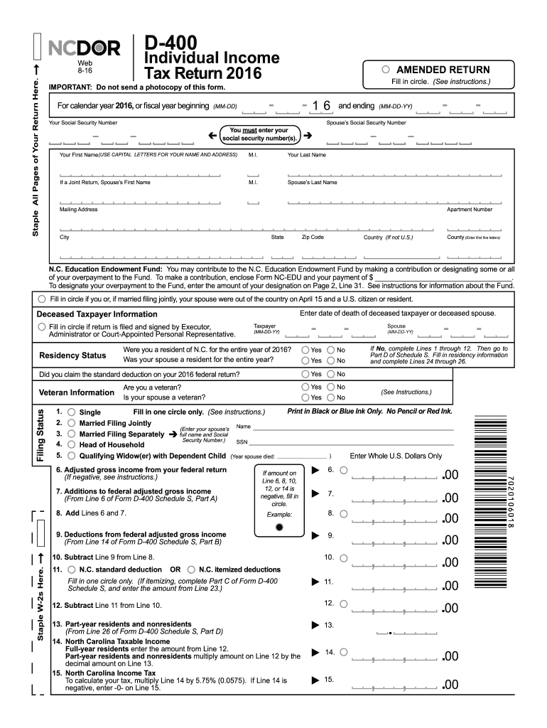  Nc D400 for  Form 2016