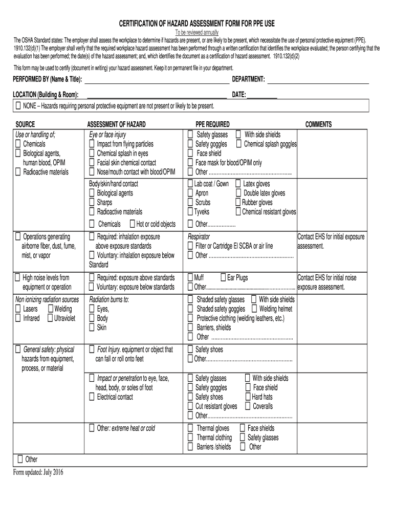 CERTIFICATION of HAZARD ASSESSMENT FORM for PPE USE