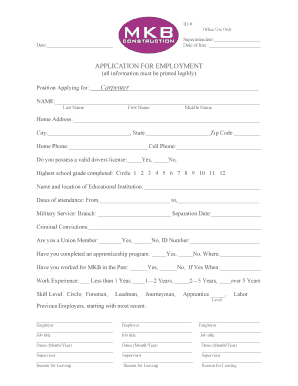 Application for Employment Carpenter Mkbc Com  Form