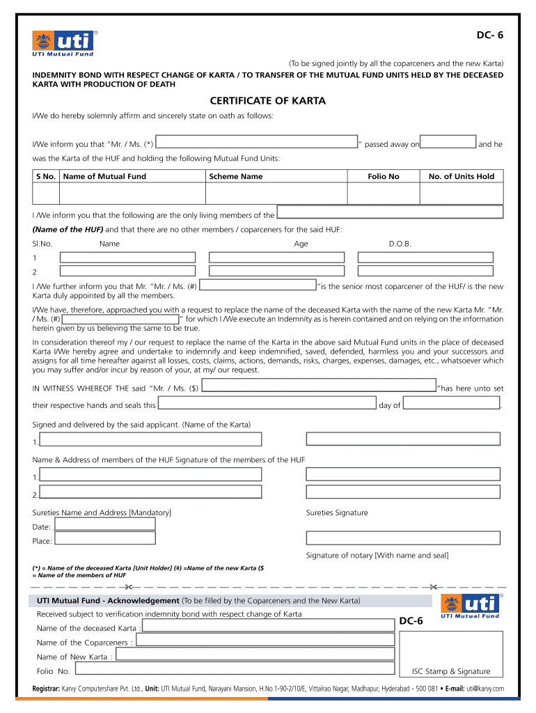 CERTIFICATE of KARTA DC 6 DC 6 UTI Mutual Fund  Form