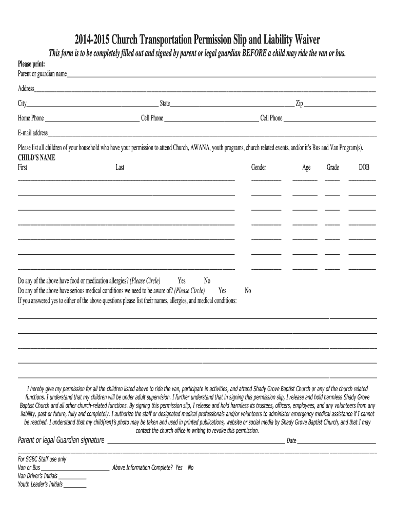 Church Transportation Permission Slip and Liability Waiver  Form