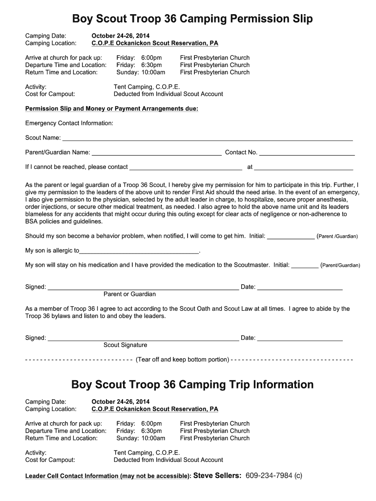  Boy Scout Troop 36 Camping Permission Slip Troop 36 2014-2024