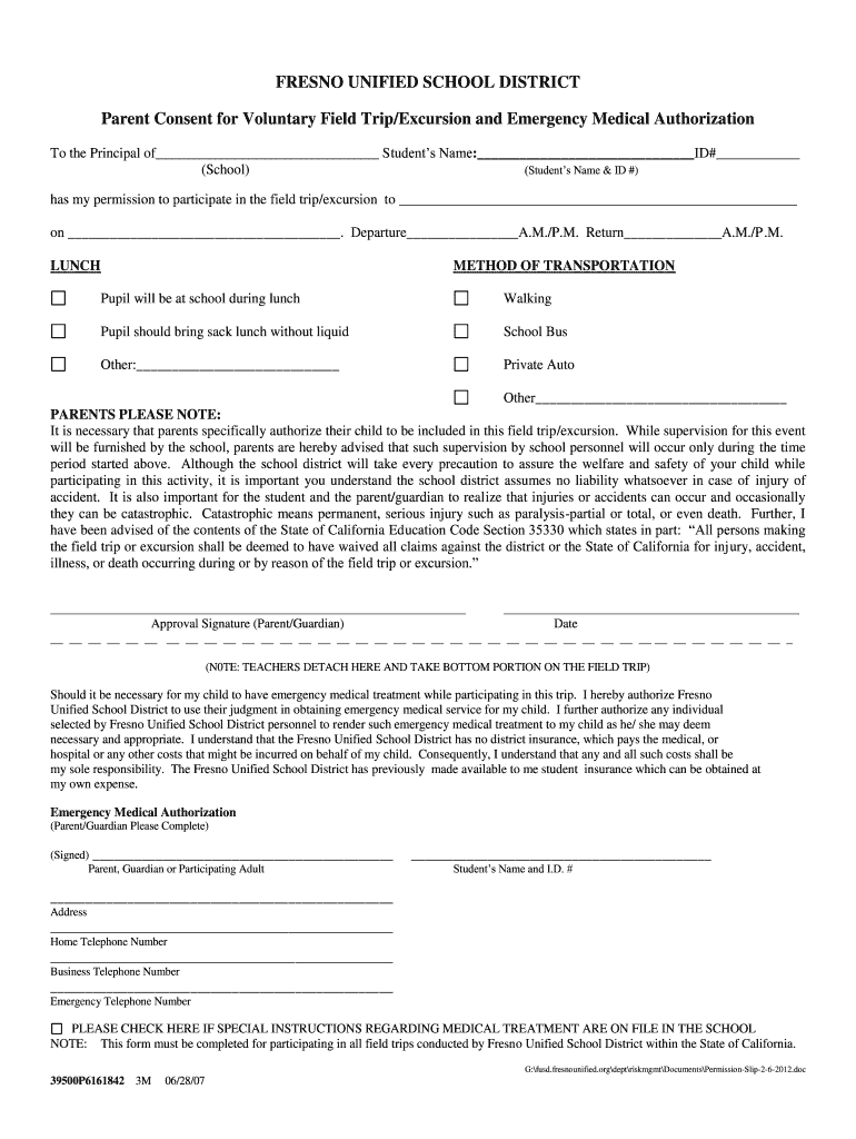 Parent Consent for Voluntary Field TripExcursion and Emergency Medical Authorization  Fresnou  Form