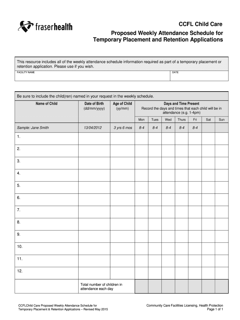 CCFL Child Care Proposed Weekly Attendance Schedule for  Form