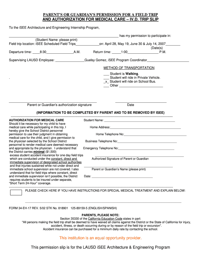 PARENT &#039;S or GUARDIAN &#039;S PERMISSION for a FIELD TRIP  Form