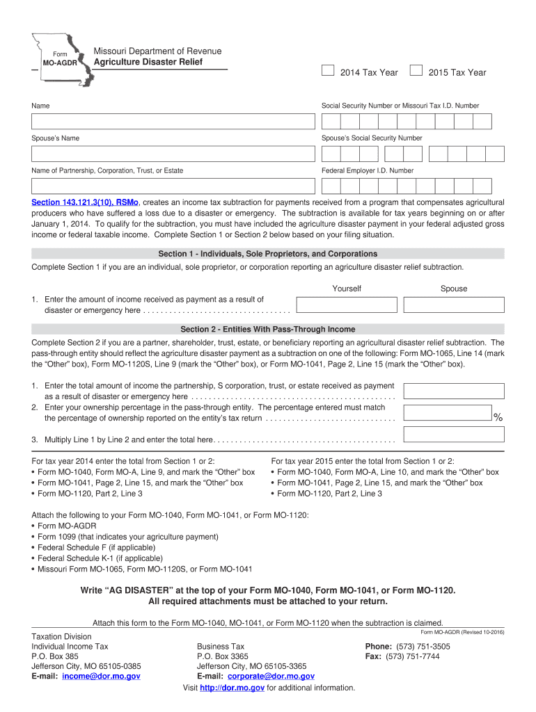  Agriculture Disaster Relief Form MO AGDR Dor Mo 2016