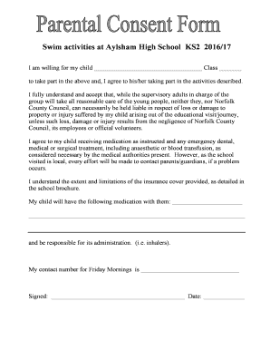 Consent Letter for Swimming Classes  Form