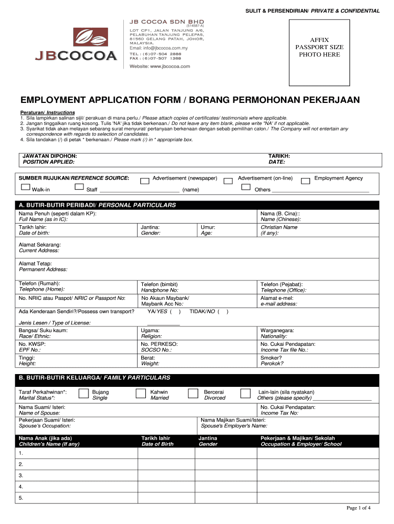 EMPLOYMENT APPLICATION FORM BORANG PERMOHONAN PEKERJAAN