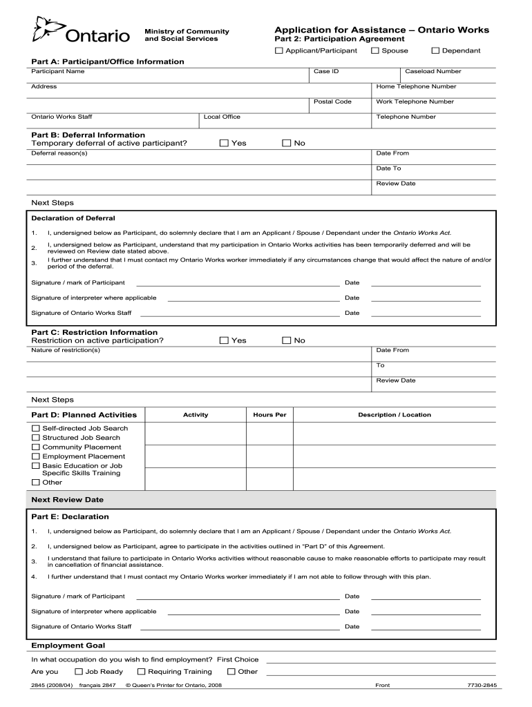 Application for Assistance Ontario Works Part 2  Form