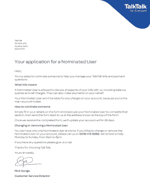 Talktalk Nominated User Form