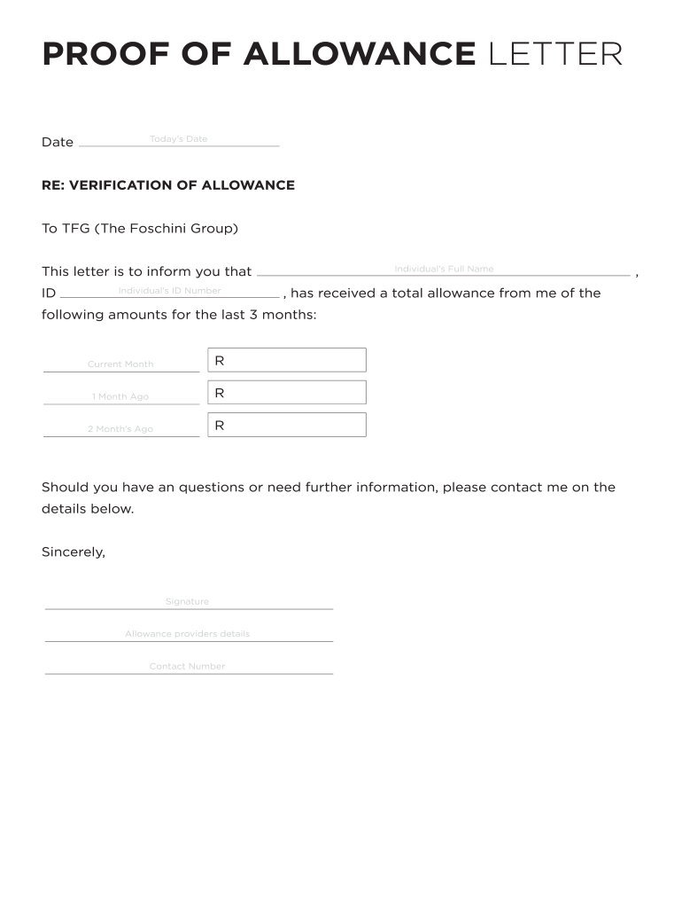 Proof of Allowance Letter  Form