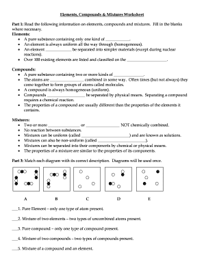 Elements Compounds and Mixtures Worksheet  Form