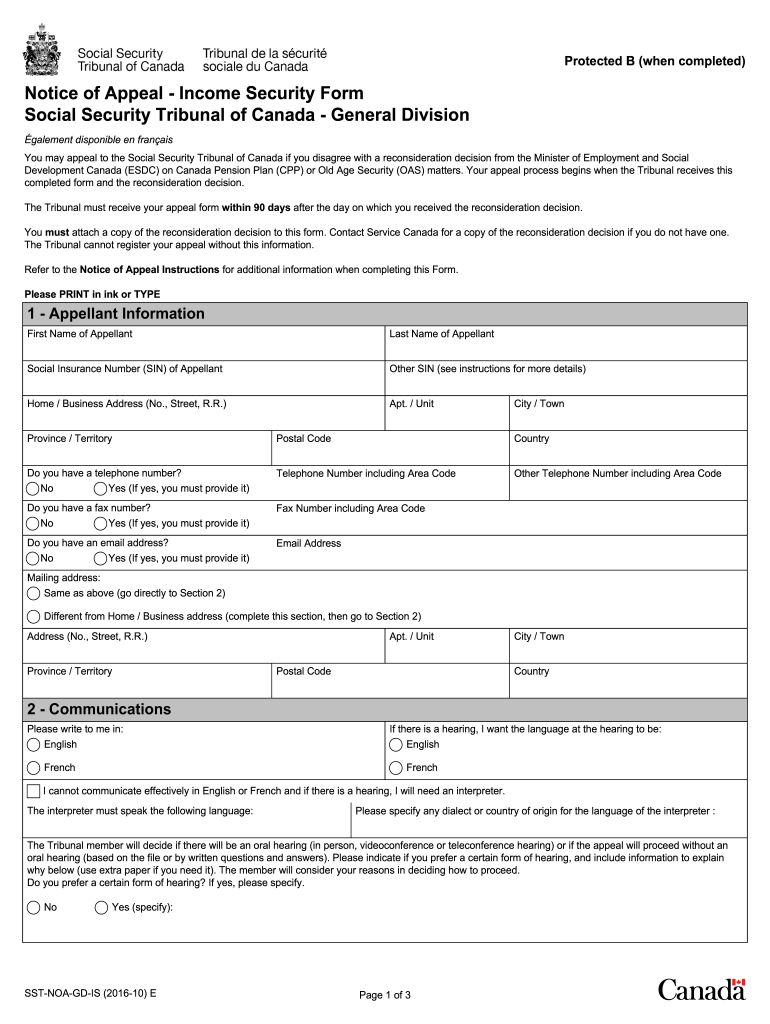  Notice of Appeal Income Security Form Social Security Tribunal of Canada General Division SST NOA GD is 10 E 2020