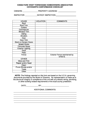 Home Inspection Form Kings Park West Townhouses Kpwtha