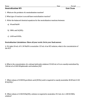 Neutralisation Reaction Worksheet  Form