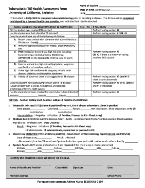 Tuberculosis TB Health Assessment Form University of California Uhs Berkeley