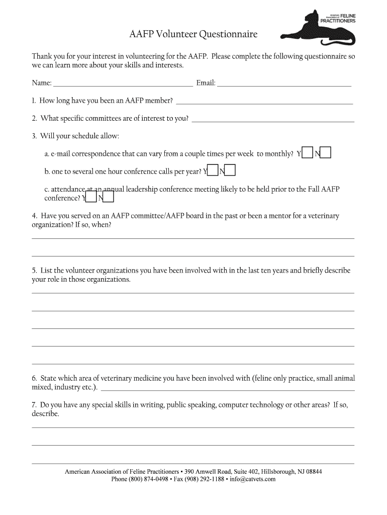 AAFP Volunteer Questionnaire Catvets Com  Form