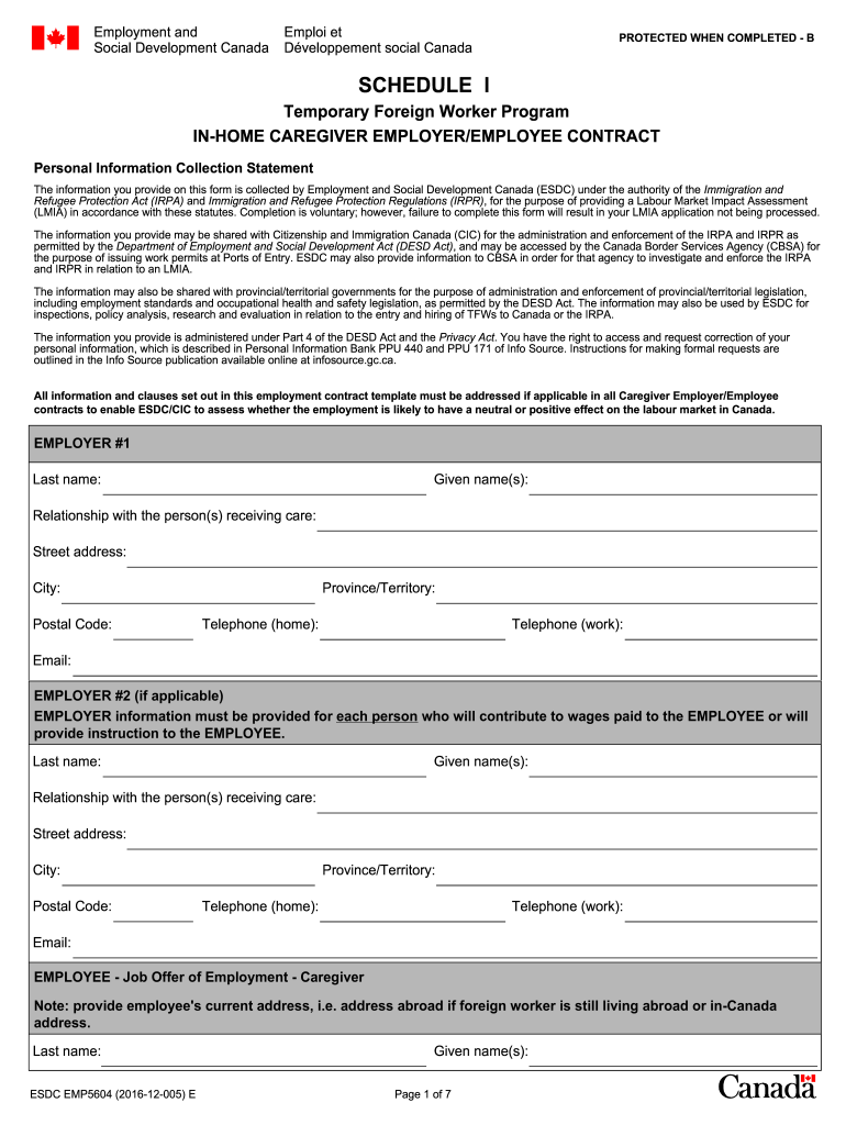  in Home Caregiver EmployerEmployee Contract EMP5604E  Servicecanada Gc 2016