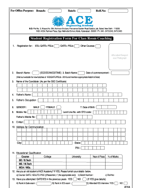 Student Registration Form for Class Room Coaching ACE