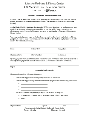 Physician S Statement &amp; Medical Clearance Form Valleymed