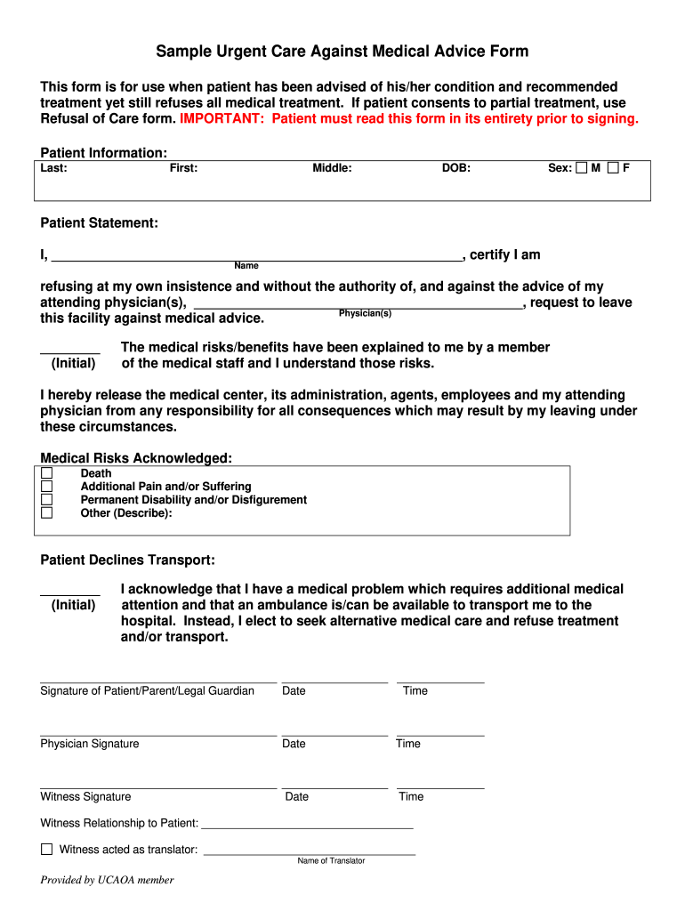 Get and Sign Sample Urgent Care Against Medical Advice Form Ucaoa