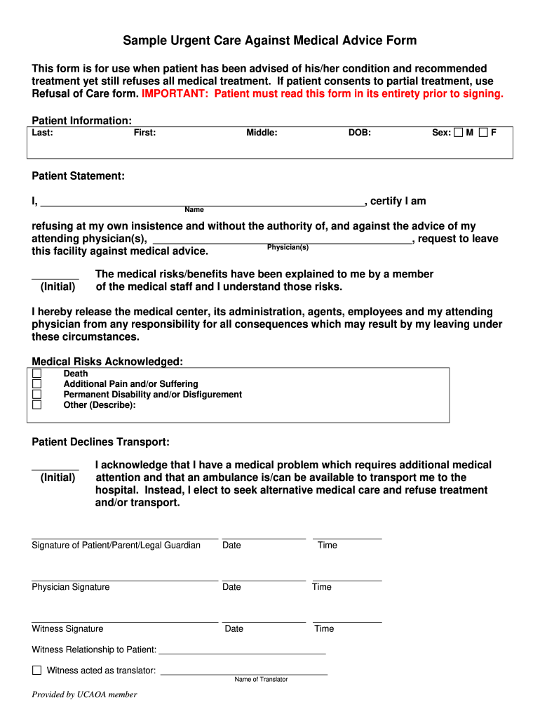 Sample Urgent Care Against Medical Advice Form Ucaoa