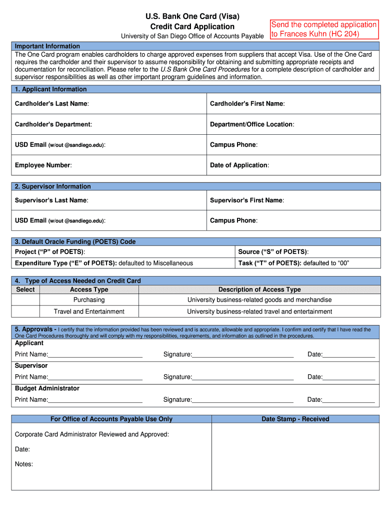 U S Bank One Card Application University of San Diego  Form