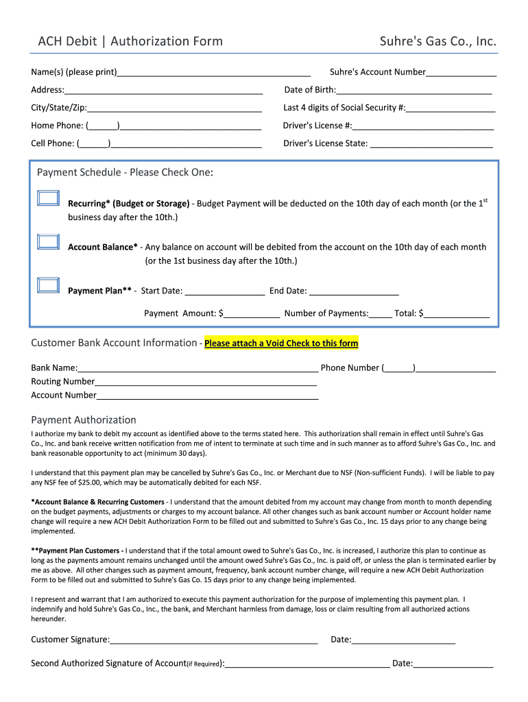 ACH Debit Authorization Form Suhresgas Com