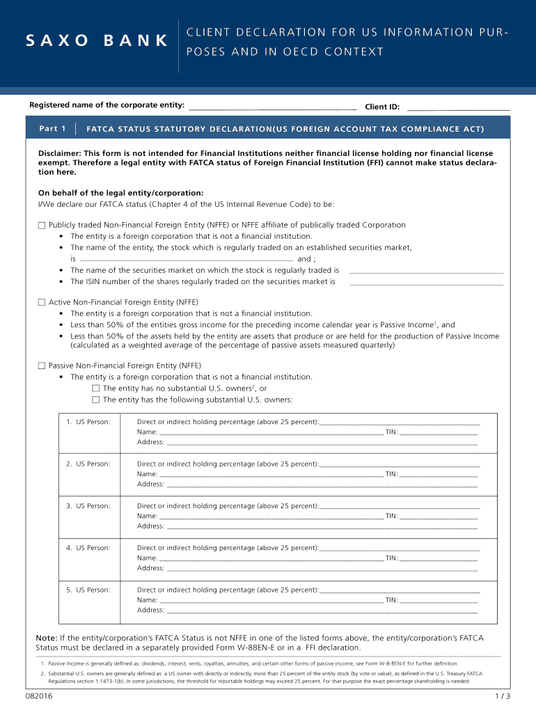  Client ID Part 1 FATCA STATUS STATUTORY DECLARATIONUS 2016