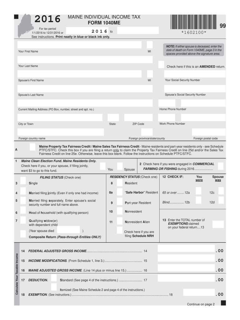  Maine Form 1040me 2016