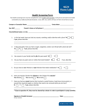 Hume Lake Health Screening Form