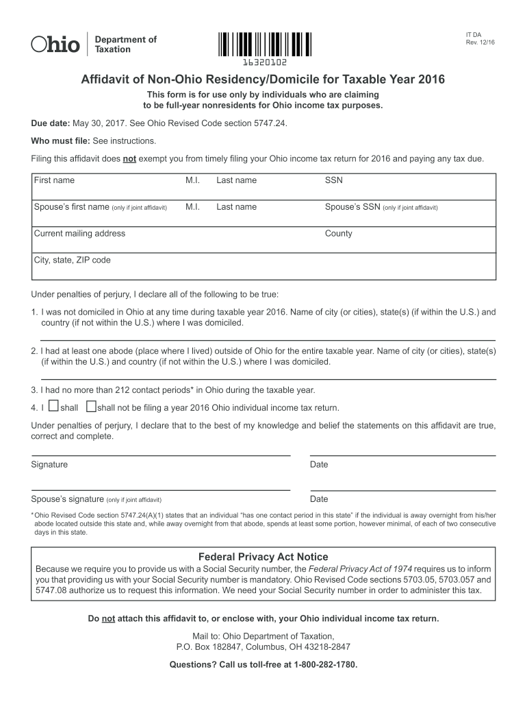 Affidavit of Non Ohio ResidencyDomicile for Taxable Year Tax Ohio  Form