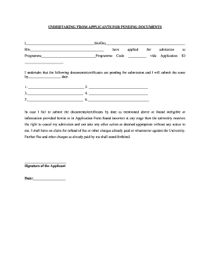 Undertaking Application for Pending Documents  Form