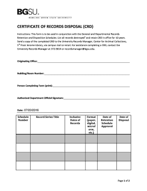Certificate of Recrods Disposal CRD Bgsu  Form
