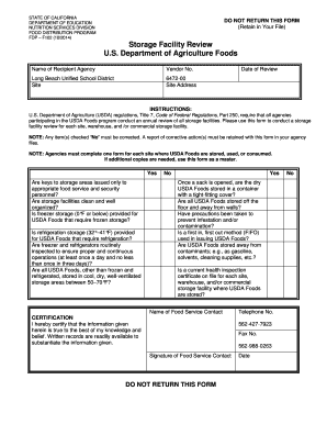 Storage Facility Review Form Food Distribution CA Dept of Education Storage Facility Review Form for Inventory Purposes