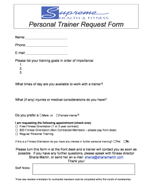 Personal Training Request Form Supremehealthfitness Com