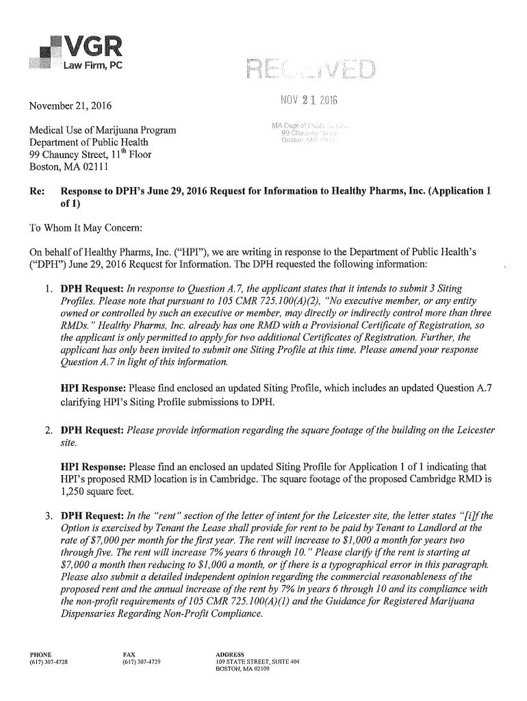 Healthy Pharms, Inc  Revised Information, Siting Profile 1 RMD Applicants  Mass