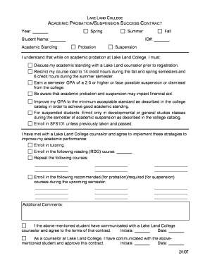 ACADEMIC PROBATIONSUSPENSION SUCCESS CONTRACT  Form