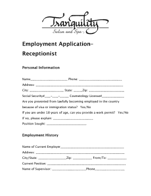 Employment Application Receptionist Tranquilitysalon  Form