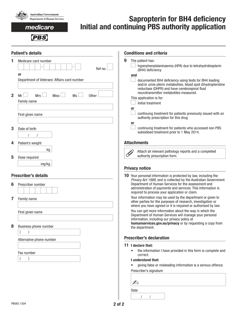 Sapropterin for BH4 Deficiency Initial and Continuing PBS Authority Application  Form