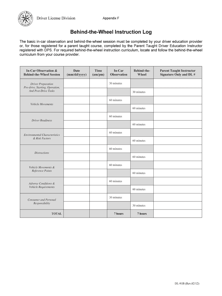 Behind the Wheel Instruction Log  Form