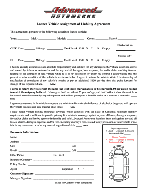 Loaner Vehicle Assignment of Liability Agreement  Form