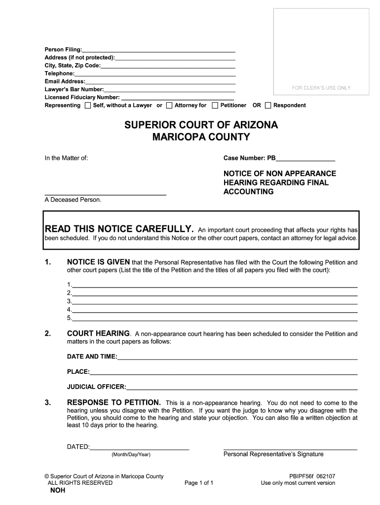 NOTICE of NON APPEARANCE HEARING REGARDING FINAL ACCOUNTING NOTICE of NON APPEARANCE HEARING REGARDING FINAL ACCOUNTING  Form