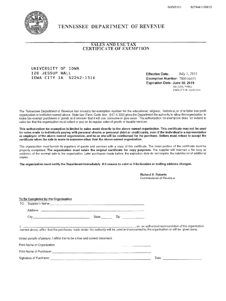 Printable Tennessee Sales Tax Exemption Certificate 20152024 Form